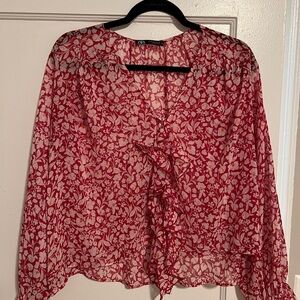 Zara Red Blouse with Tie Front Ruffled Bib Collar